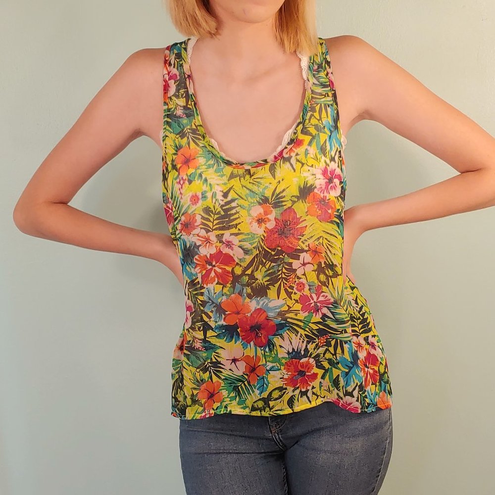 Sheer Tropical Print Tank Top